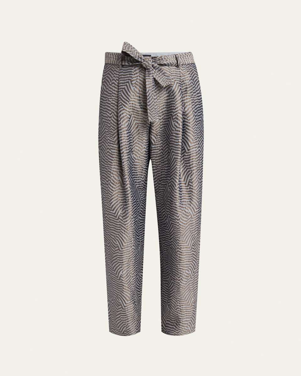 Animalier Silk Jacquard Straight-Leg Paperbag Trousers